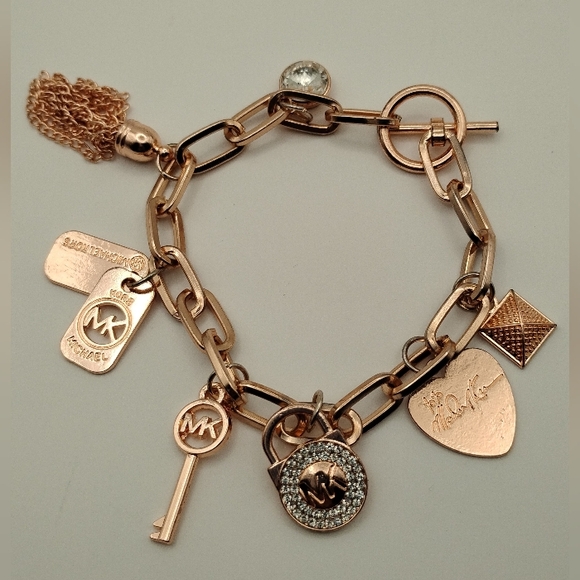 Michael Kors Sterling Silver Rose Gold Plated Charm Bracelet Elegant Jewelry - Picture 3 of 4